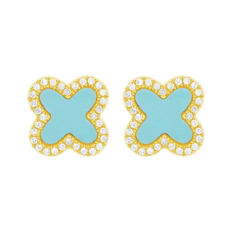 Women's emerald earrings-14K GOLD DIAMOND TURQUOISE EVA CLOVER STUDS