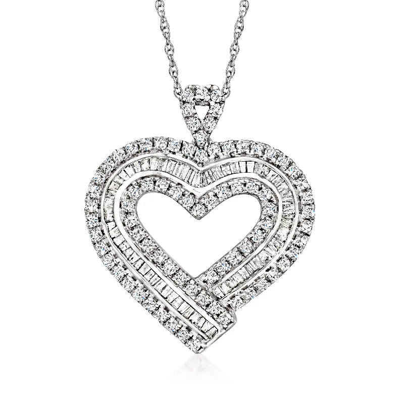 Women's luxury gift necklaces-Ross-Simons Baguette and Round Diamond Heart Pendant Necklace in Sterling Silver