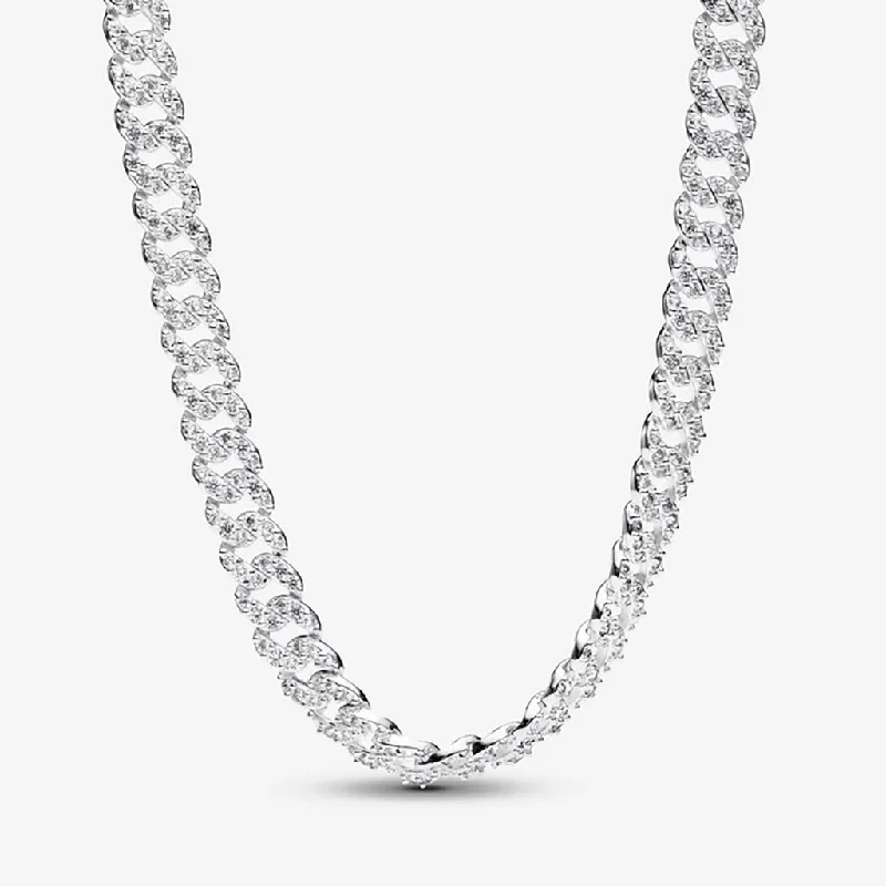 Women's chain necklaces-PANDORA : Pavé Cuban Chain Necklace - Sterling Silver (17.7")