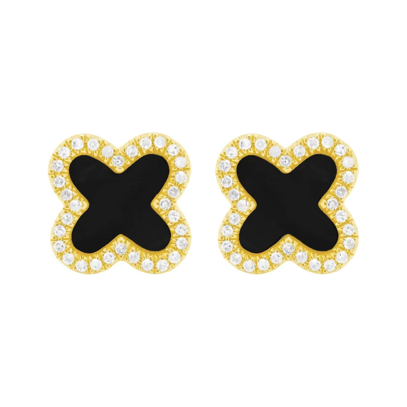 Vintage women's earrings-14K GOLD DIAMOND ONYX EVA CLOVER STUDS