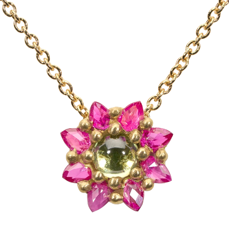 Women's custom engraving necklaces-Green & Pink Daisy Necklace - 11669