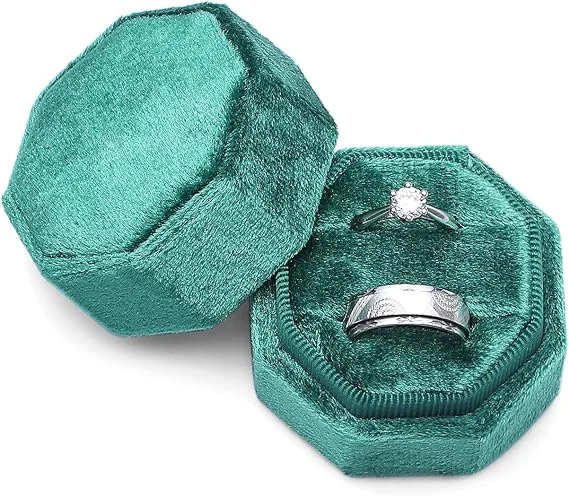 Women's personalized rings-Emerald Green Love Is Patient Double Ring Slots Octagon Velvet Ring Box