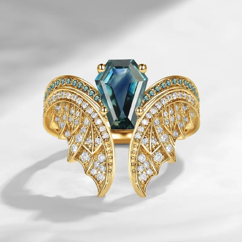 Women's elegant rings-Coffin Cut Lab Teal Sapphire Vintage Yellow Gold Bridal Set 2pcs - Bat Ring