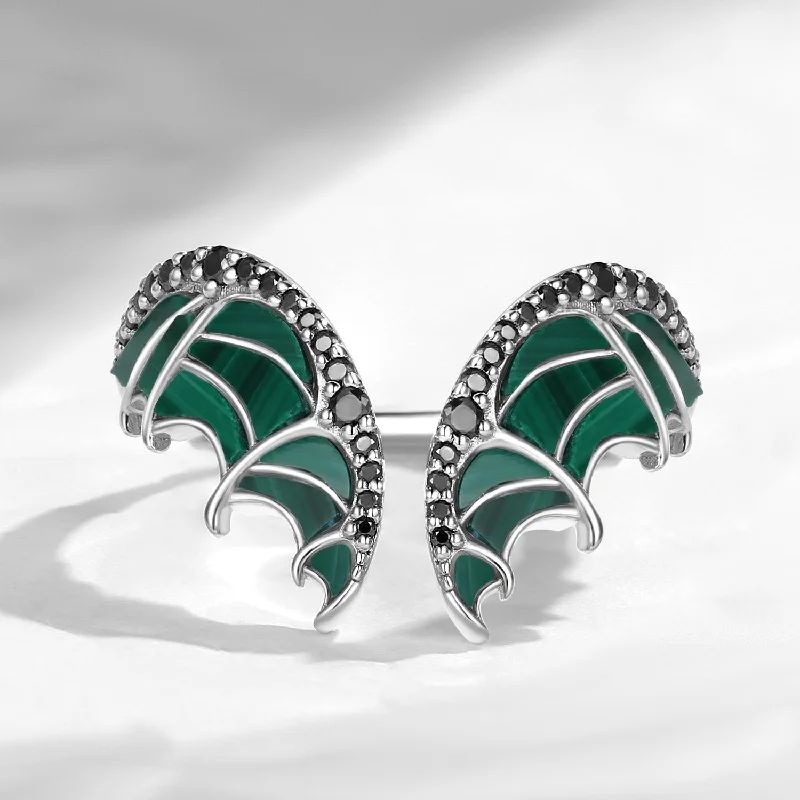 Women's sizeable rings-Unique Bat Wing Inspired Curved Malachite Wedding Enhancer Ring