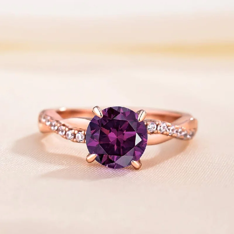 Women's jade rings-Rose Gold Twist Round Cut Amethyst Purple Promise Ring