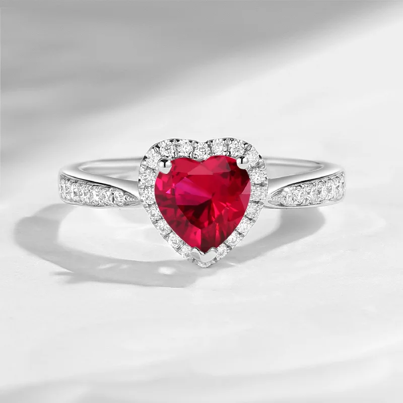 Women's sizeable rings-Classic Heart Shaped Halo Lab Ruby Promise Ring