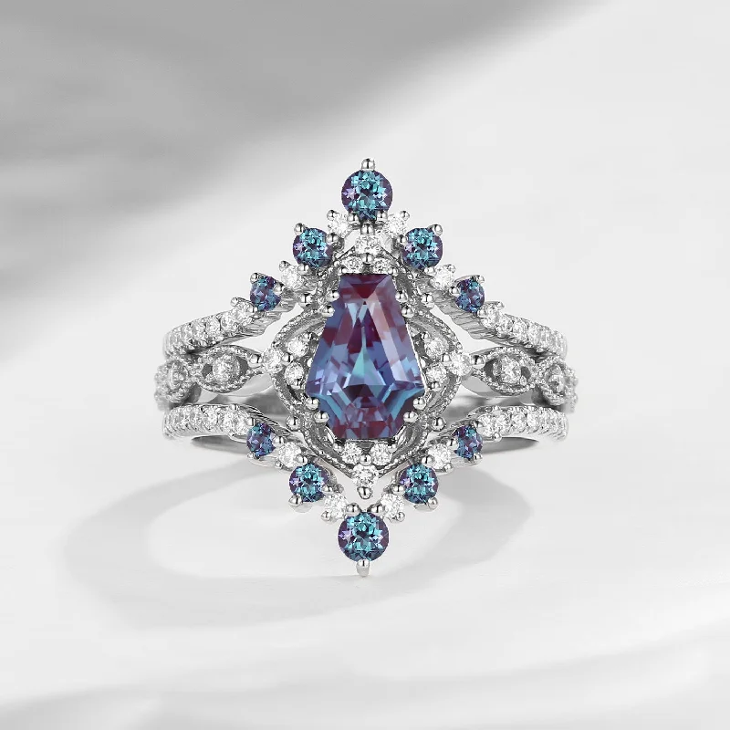 Women's geometric rings-Vintage Inspired Coffin Cut Lab Alexandrite Ring Bridal Set 3pcs