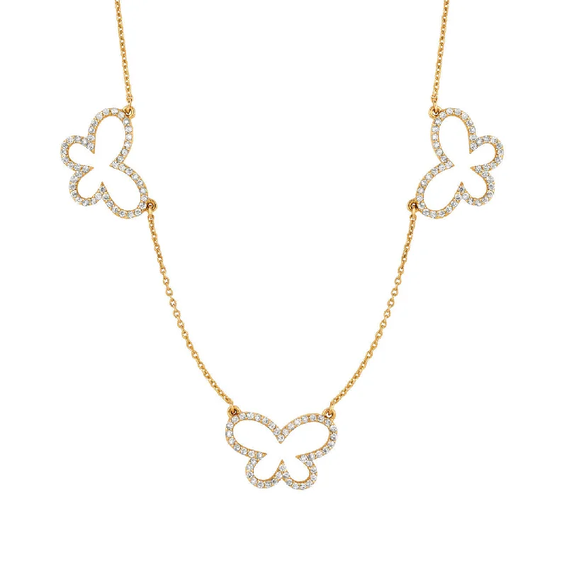 Women's unique necklaces-Three Diamond Butterflies (Medium) Necklace Yellow Gold