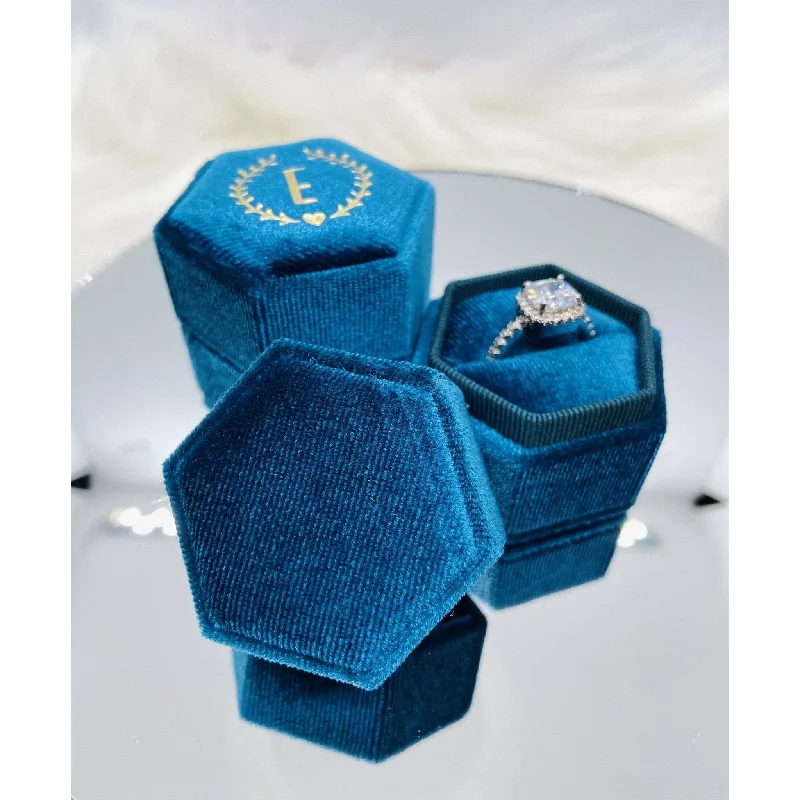 Women's pet memorial rings-Blue Green Single Slot Hexagon Velvet Ring Box