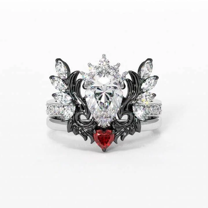 Women's heirloom rings-Angel's Wings- 14k White Gold Pear Cut and Red Heart Diamond Gothic Promise Ring