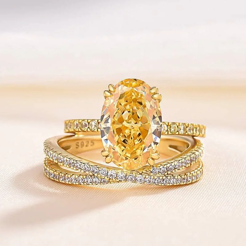 Women's party rings-Exquisite Yellow Gold Oval Cut Yellow Sapphire Ring Set