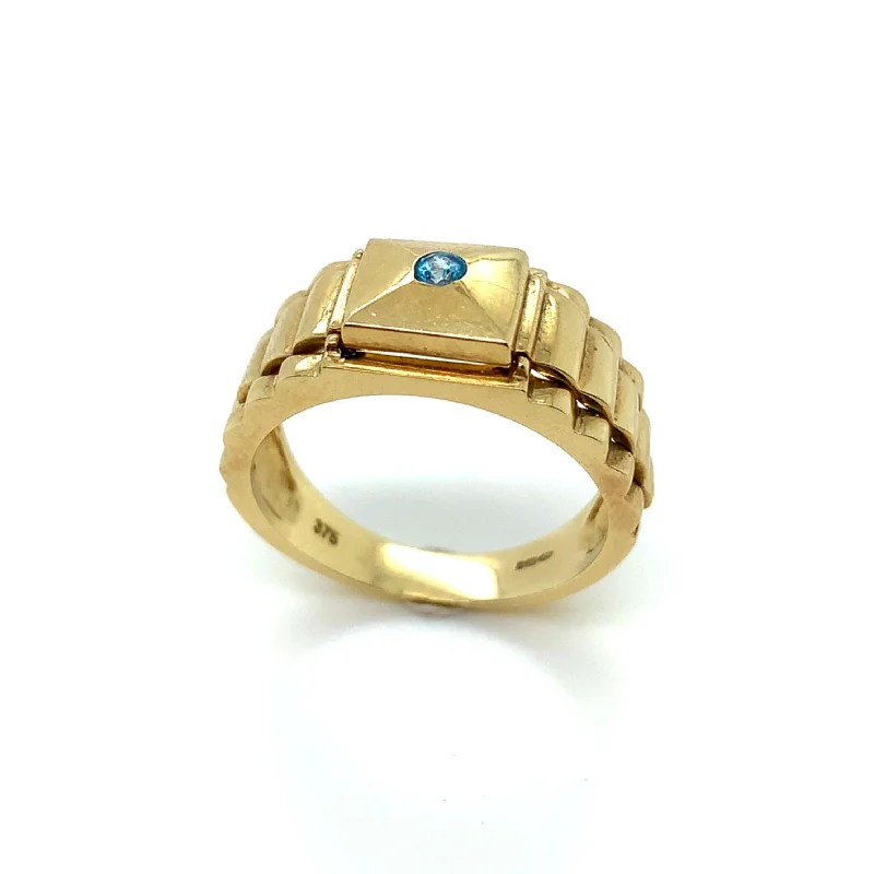 Women's rose gold rings-9K Yellow Gold Blue Topaz Signet Ring