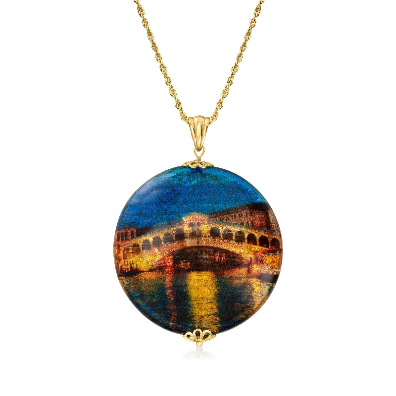 Women's mother-daughter necklaces-Ross-Simons Italian Multicolored Murano Glass Rialto Bridge Pendant Necklace in 18kt Gold Over Sterling