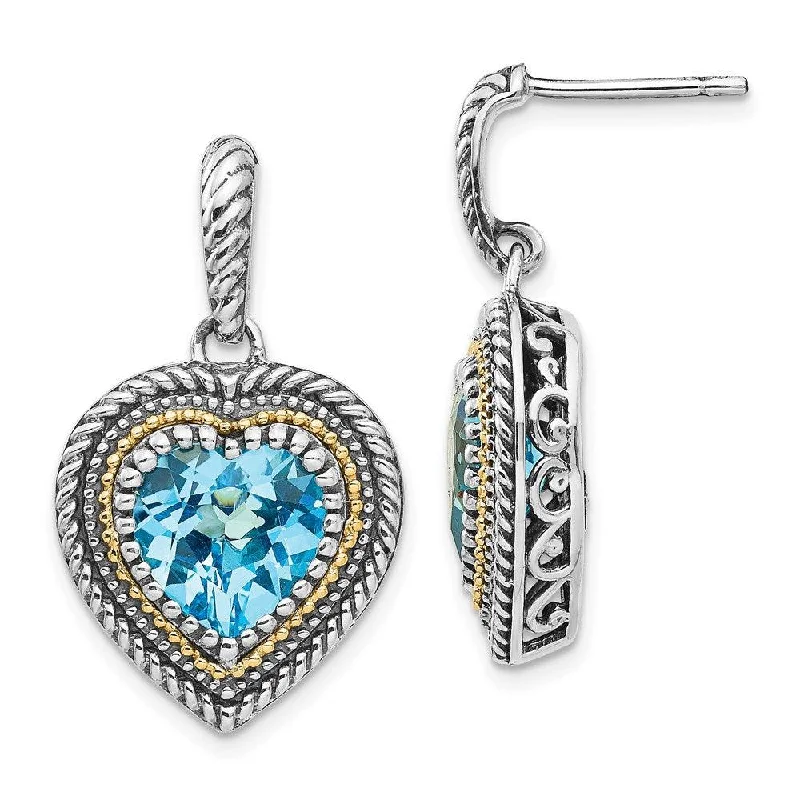 Women's personalized earrings-Sterling Silver w/14k Lt Swiss Blue Topaz Heart Dangle Post Earrings