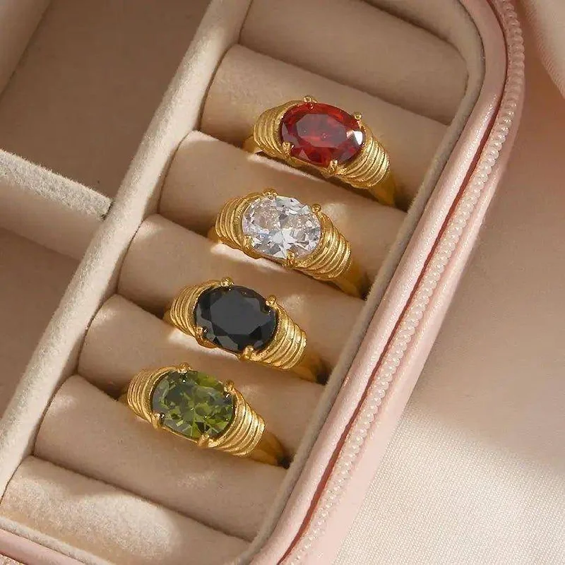 Women's gold rings-18K Gold Plated Zircon Oval Cut Stone Stainless Steel Tarnish Free Ring