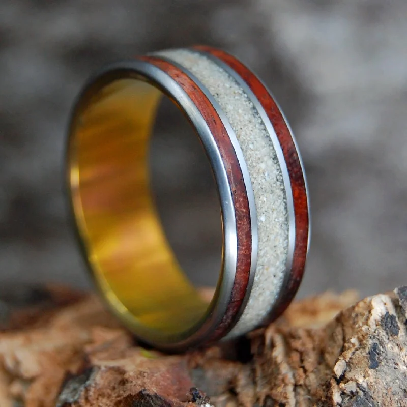 Minimalist women's rings-Wood & Beach Sunset | Men's Amboyna Burl, Beach Sand & Titanium Wedding Ring