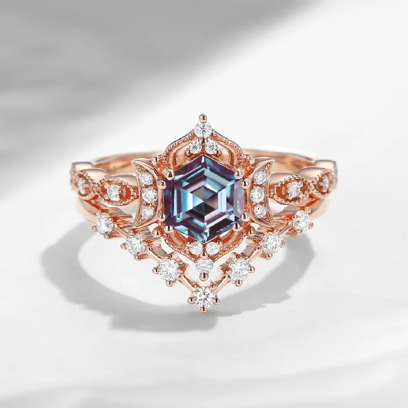 Women's religious rings-Crescent Moon | Unique Hexagon Lab Alexandrite Galaxy Wedding Ring Set 2PCS