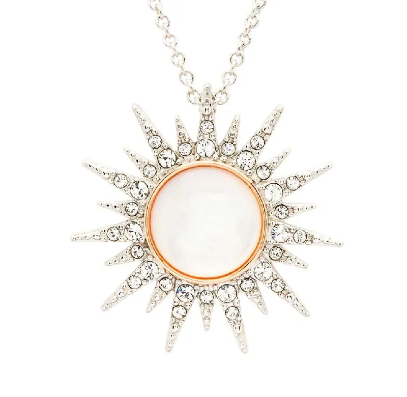 Women's casual necklaces-Ocean : Sterling Silver Mother of Pearl Sun Pendant with White Crystals and Rose Gold