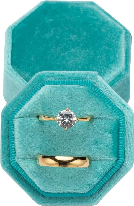 Affordable women's rings-Aqua Blue Love Is Patient Double Ring Slots Octagon Velvet Ring Box