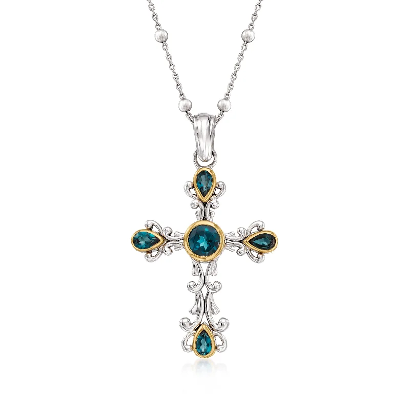 Women's silver-plated necklaces-Ross-Simons London Blue Topaz Cross Pendant Necklace in Sterling Silver and 14kt Yellow Gold