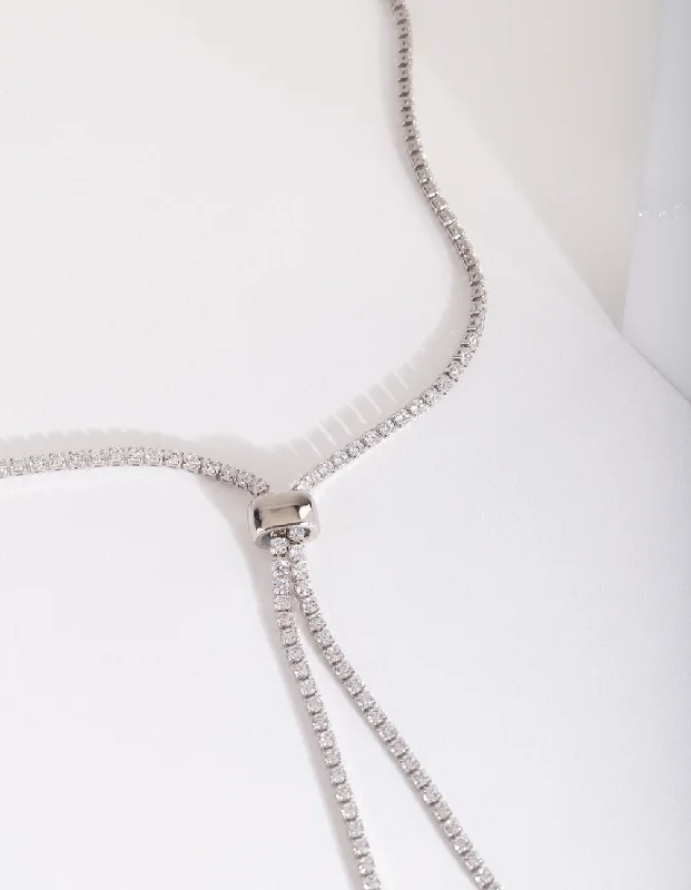 Women's gift necklaces-Silver Cubic Zirconia Lariat Necklace