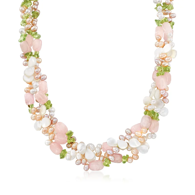 Women's party necklaces-Ross-Simons 4-5mm Multicolored Cultured Pearl and Multi-Stone Torsade Necklace With Sterling Silver