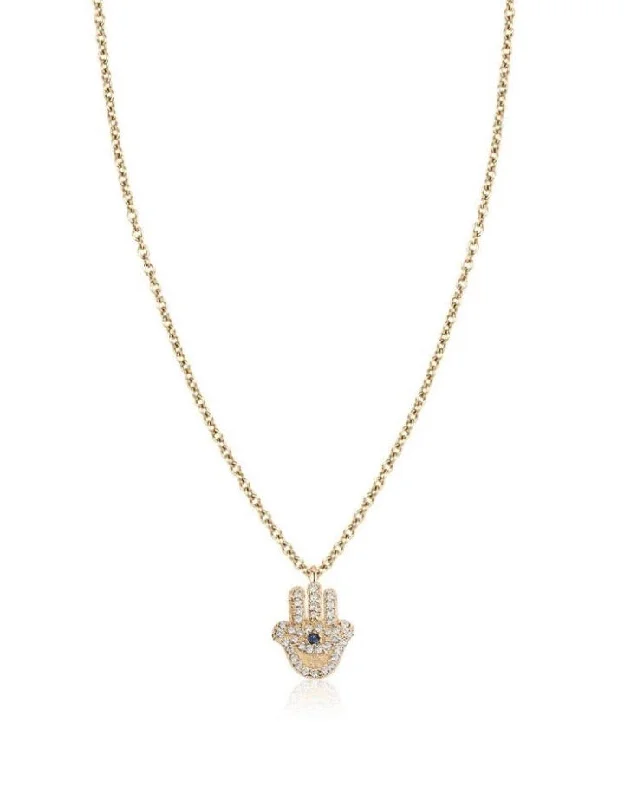 Women's sustainable necklaces-Diamond & Blue Sapphire Hamsa Necklace Yellow