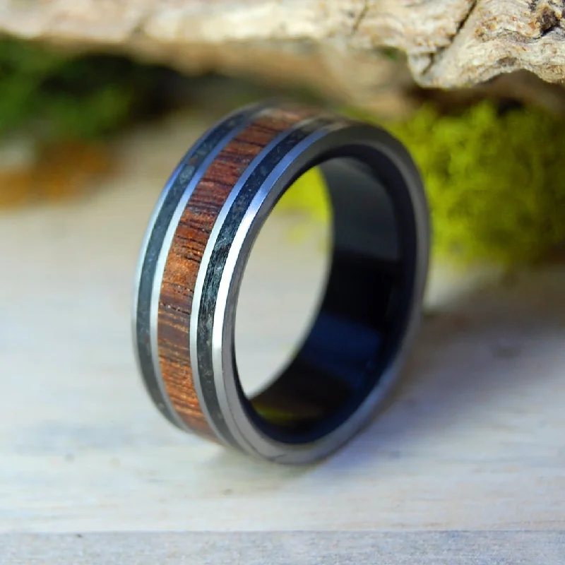 Women's emerald rings-Koa In Black | Men's Black Beach Sand, Koa Wood, Onyx Stone & Titanium Wedding Ring