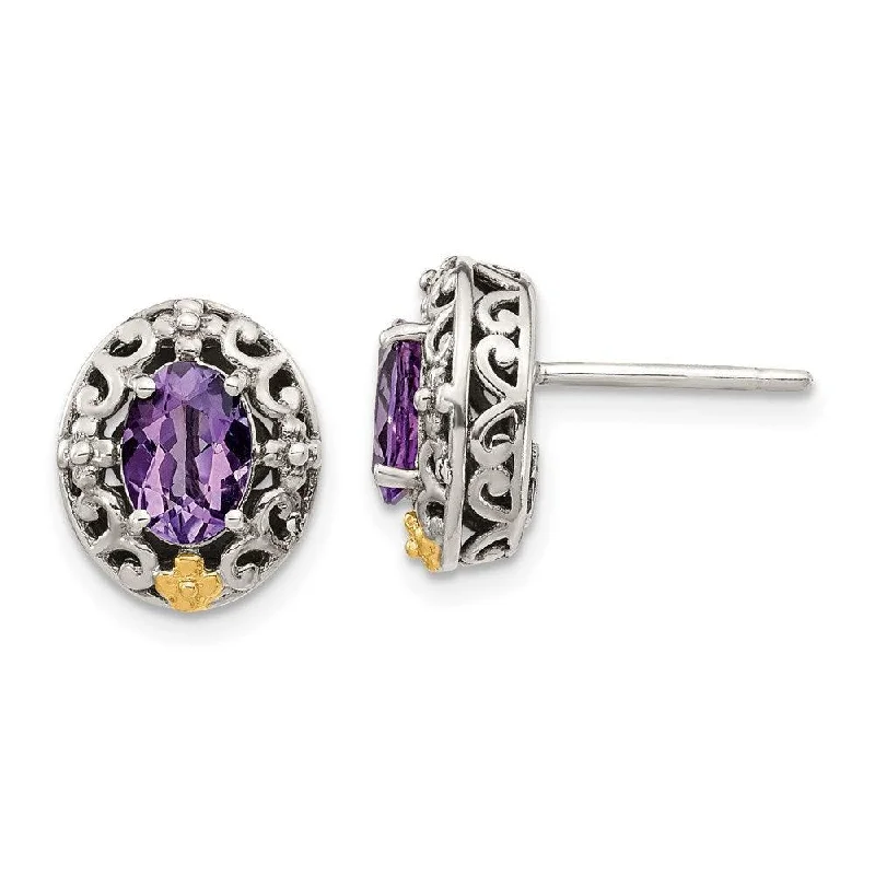 Designer women's earrings-Sterling Silver w/ 14K Accent Amethyst Post Earrings