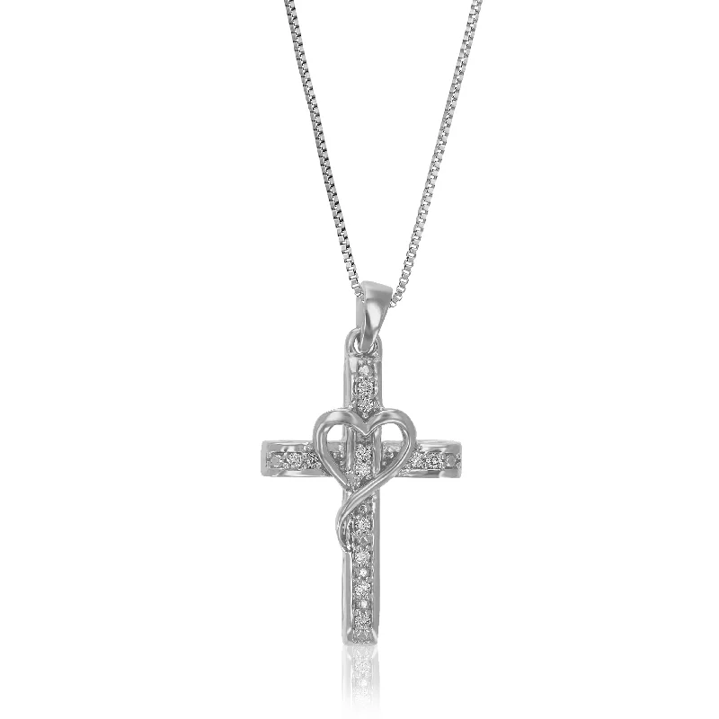 Trendy women's necklaces-1/10 cttw Lab Grown Diamond Cross Heart Pendant Necklace .925 Sterling Silver 2/3 Inch With 18 Inch Chain