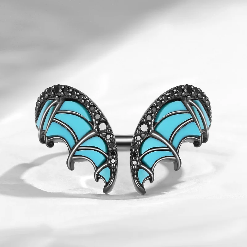 Women's spiritual rings-Curved Bat Wing Inspired Turquoise Black Gold Wedding Enhancer Ring