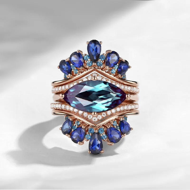 Women's star rings-Maximalist Vintage Marquise Lab Alexandrite 'Royal Extravaganza' Ring Set 5pcs