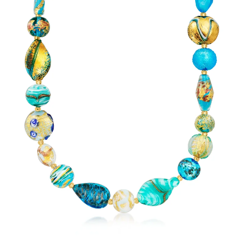 Women's friendship necklaces-Ross-Simons Italian Blue, Green and Gold Murano Glass Bead Necklace in 18kt Gold Over Sterling