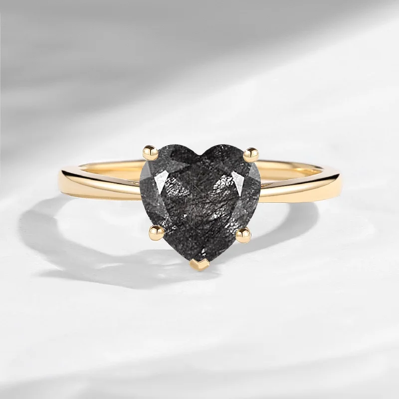 Women's custom design rings-Classic Heart Shaped Solitaire Black Rutilated Quartz Promise Ring