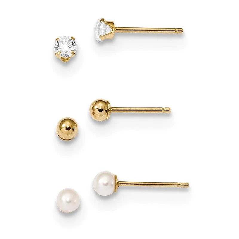 Women's art deco earrings-Madi K Kid's 14k  Ball, CZ & Freshwater Cultured Pearl 3 Pair Earring Set