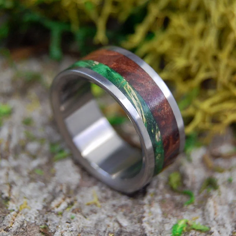 Women's luxury gift rings-Our Park Bench | Men's Green Box Elder Wood, Thuya Burl & Titanium Wedding Ring