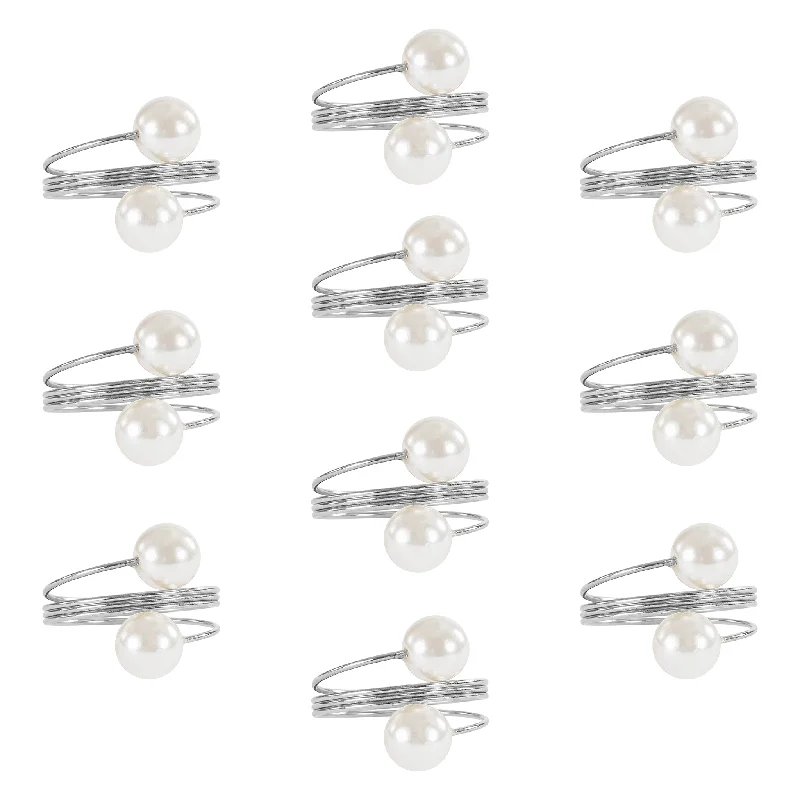 Luxury women's rings-10 pc/pk Spiral Faux Pearl Napkin Ring - Silver