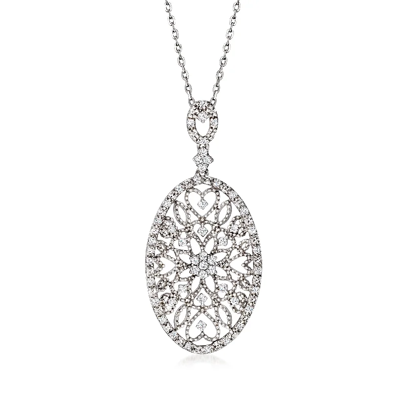 Women's name necklaces-Ross-Simons Diamond Floral Filigree Pendant Necklace in 14kt White Gold