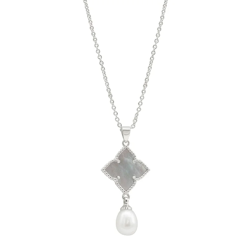 Women's everyday necklaces-Silver Plated White Mother-of-Pearl Flower With Freshwater Pearl Drop Necklace