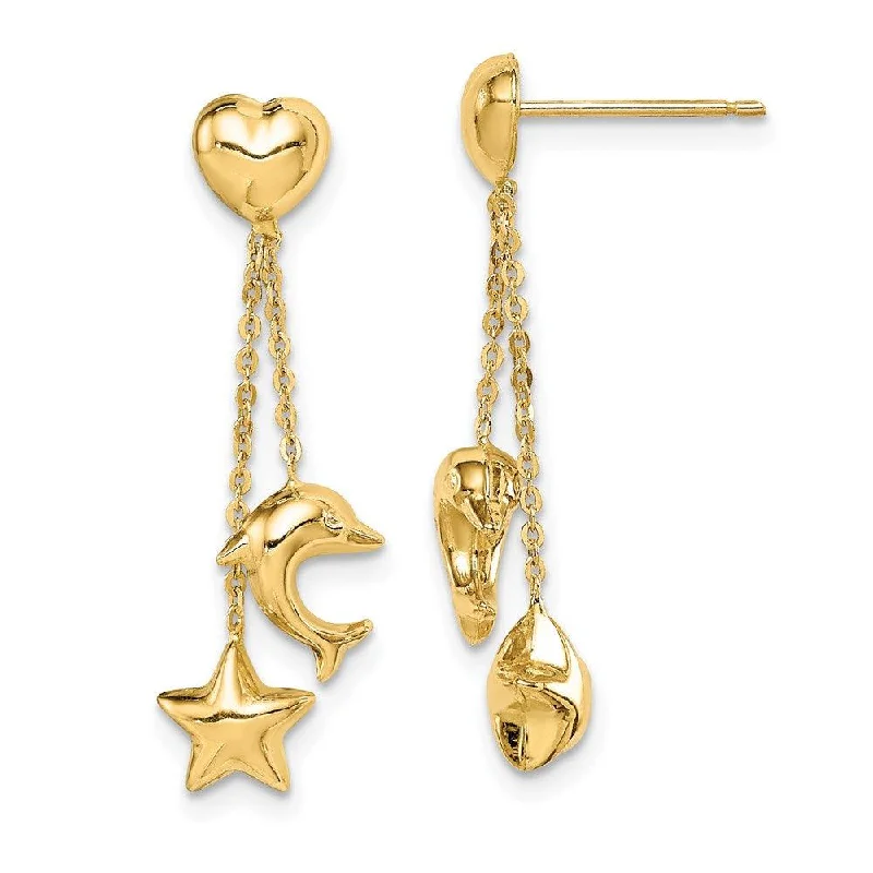 Women's family earrings-Madi K Kid's 14k  Heart, Star & Dolphin Dangle Post Earrings