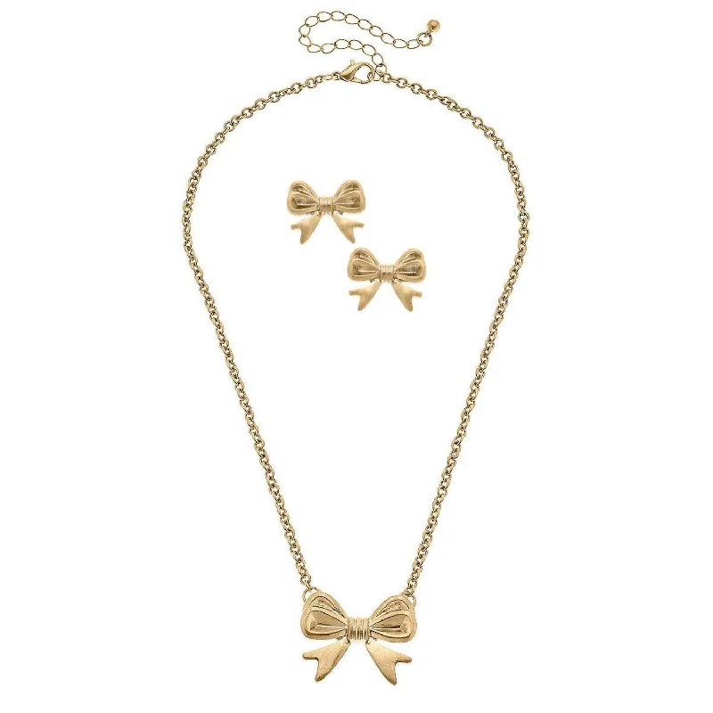 Women's Mother's Day necklaces-Women's Stephanie Bow Earring And Necklace Set In Gold