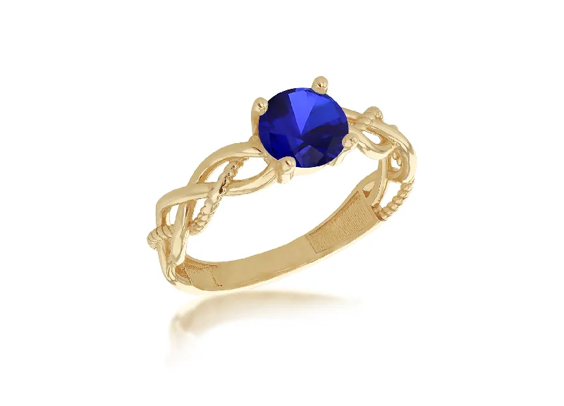 Women's bohemian rings-9ct Yellow Gold DC Plaited Band Blue CZ Ring