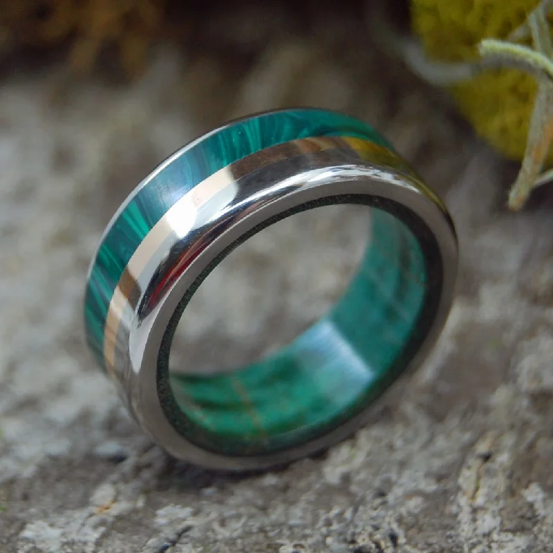 Women's spiritual rings-Love Bug | Men's Green Maple, Bronze, Malachite & Titanium Wedding Ring