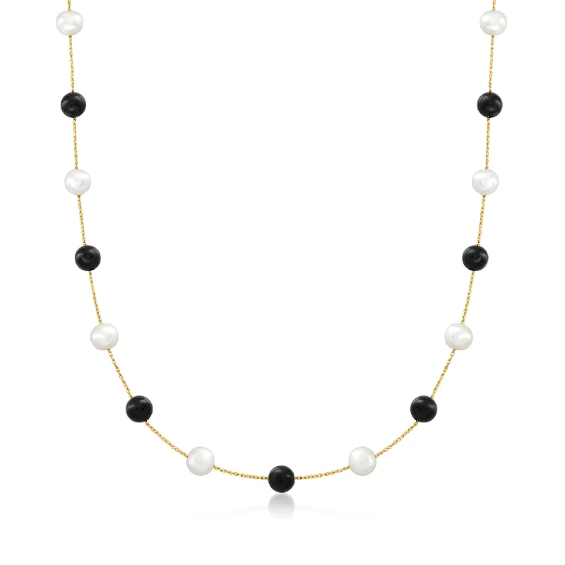 Women's anniversary necklaces-Ross-Simons 6-7mm Cultured Pearl and Onyx Bead Station Necklace in 14kt Yellow Gold