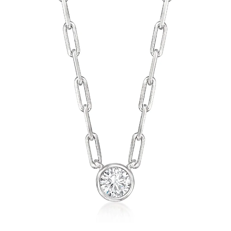 Women's chain necklaces-RS Pure by Ross-Simons Bezel-Set Diamond Paper Clip Link Necklace in Sterling Silver