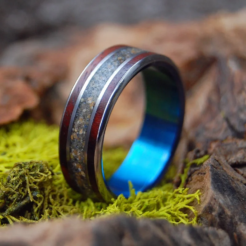 Vintage women's rings-Wood And Beach Blue | Men's Amboyna Burl, Beach Sand & Titanium Wedding Ring