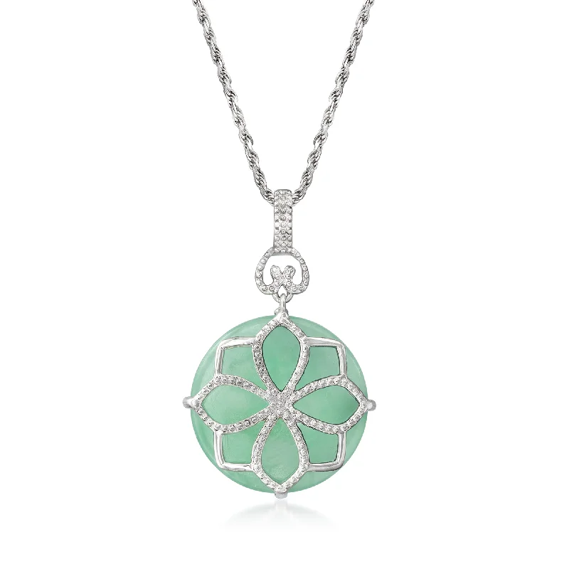 Women's geometric necklaces-Ross-Simons Jade Flower Pendant Necklace in Sterling Silver