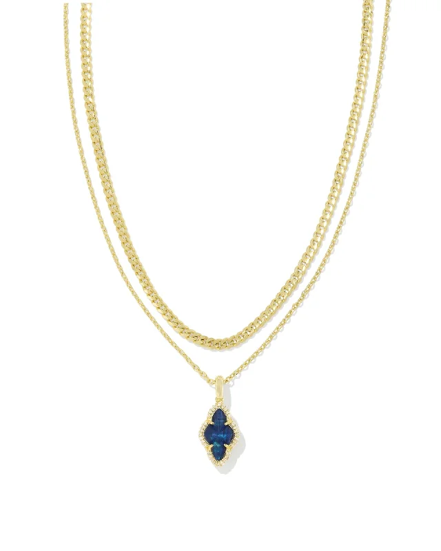 Affordable women's necklaces-Kendra Scott : Abbie Gold Pave Frame Multi Strand Necklace in Navy Abalone