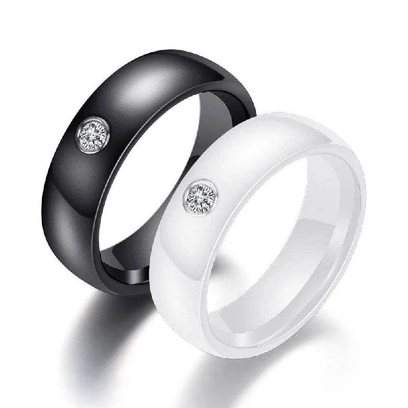 Women's stackable rings-Black and White Ceramic Ring Band