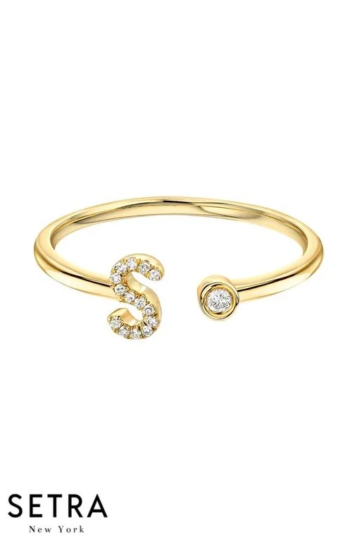 Women's gold rings-Diamond initial and bezel cuff ring